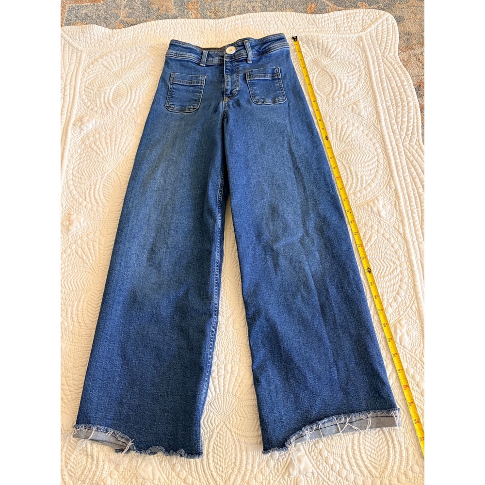 Zara‎ Girls Medium Wash Wide Leg Jeans Raw Hem Front Patch Pockets Size 11-12 - Picture 2 of 7
